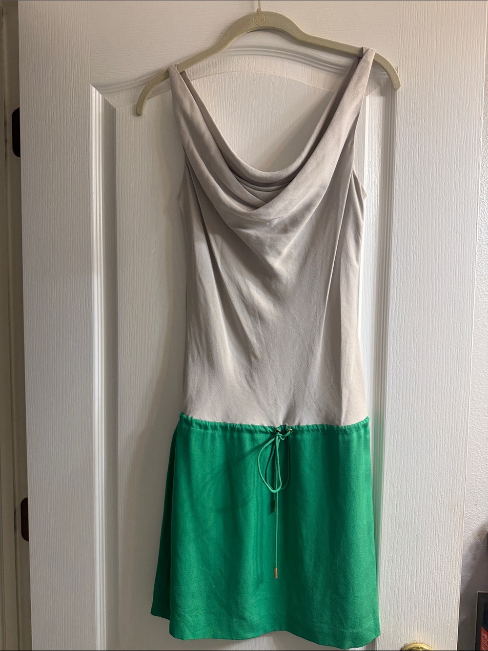 Diane Von Furstenberg Cream and Green Cowl Neck Colorblock Dress
